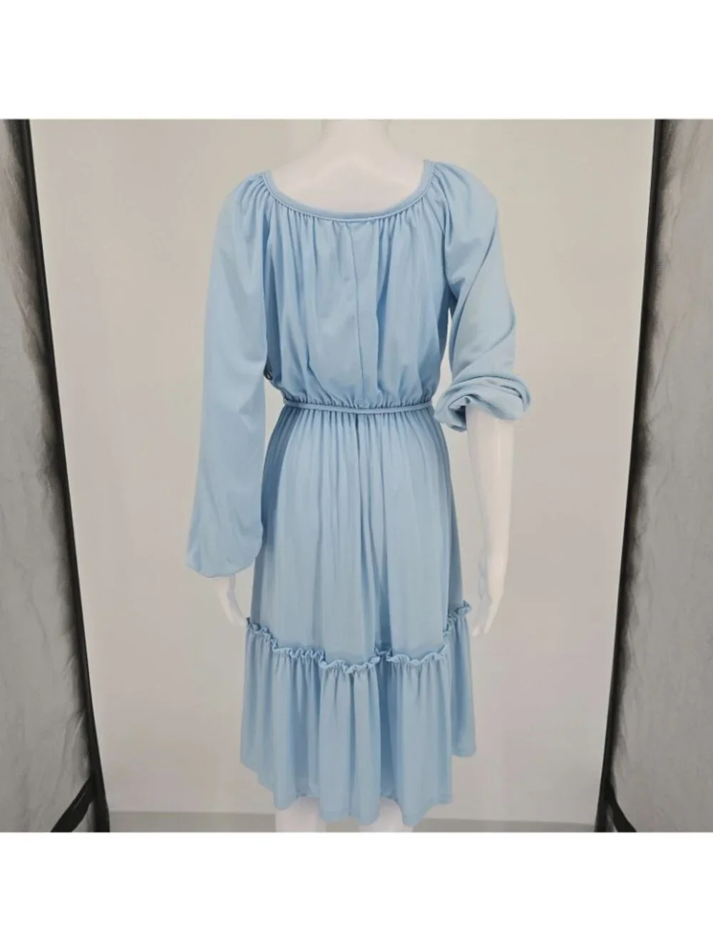 Vintage 1970s Light Blue Elastic Waist Blouson Sleeve Peasant Dress (M)